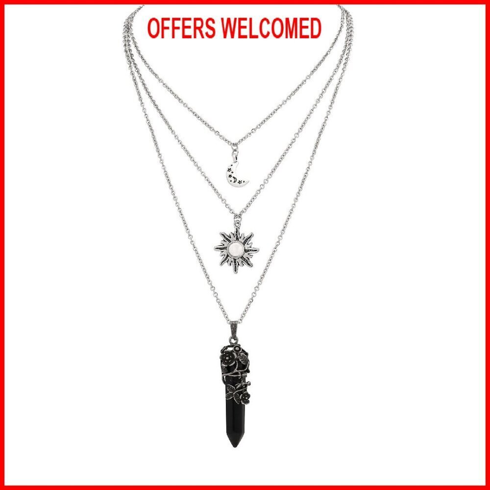 Gothic Layered Sun Moon Crystal Choker Necklace Set Zinc Alloy